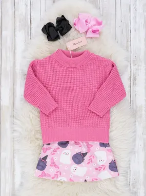 Pink Waffle Knit Sweater & Ghost Skirt Outfit