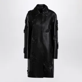 BLACK LEATHER COAT WITH EMBROIDERY