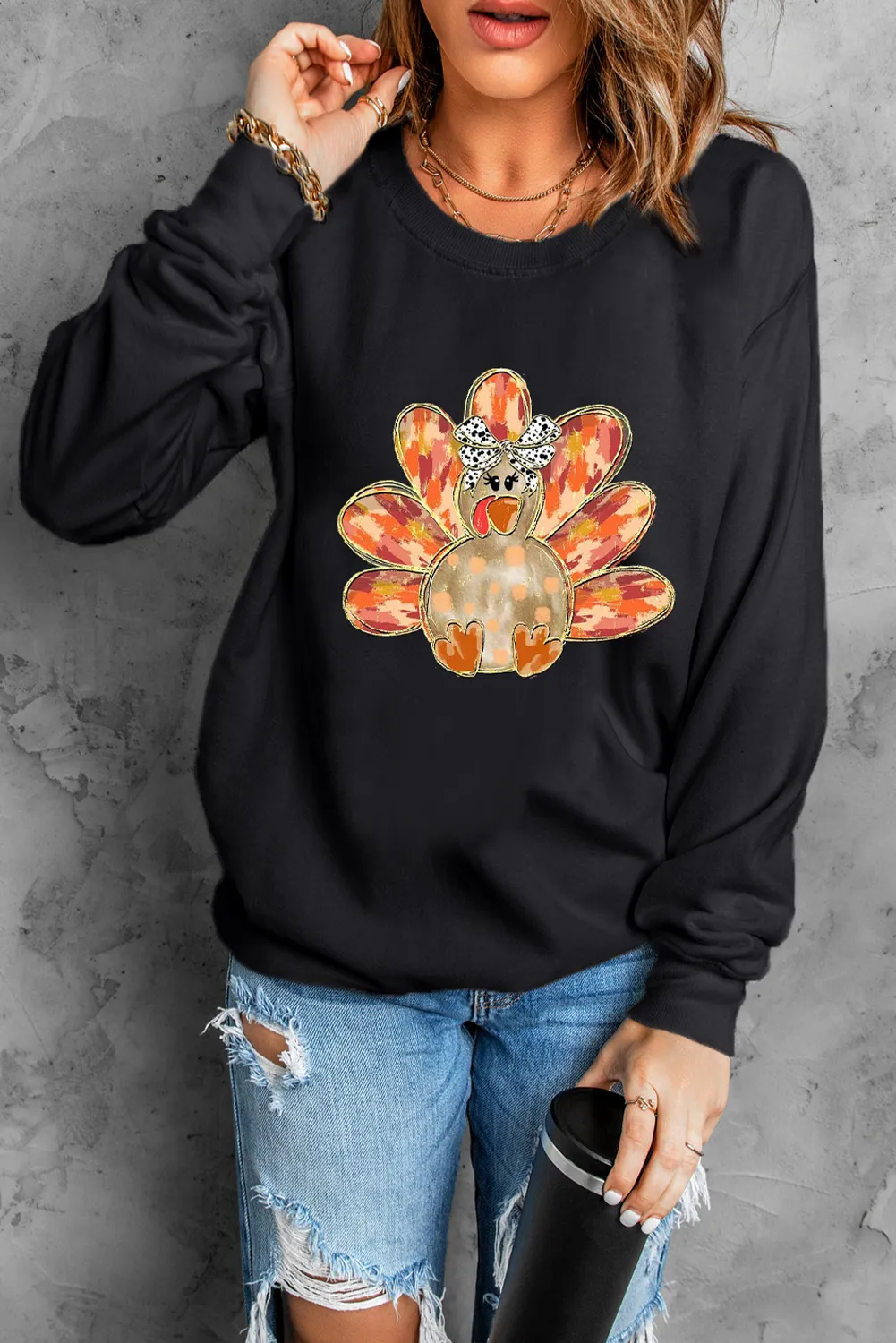 Black Thanksgiving Turkey Graphic Drop Shoulder Sweatshirt