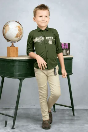 Bottle Green and Cream Casual wear Pant and Shirt Set for Boys