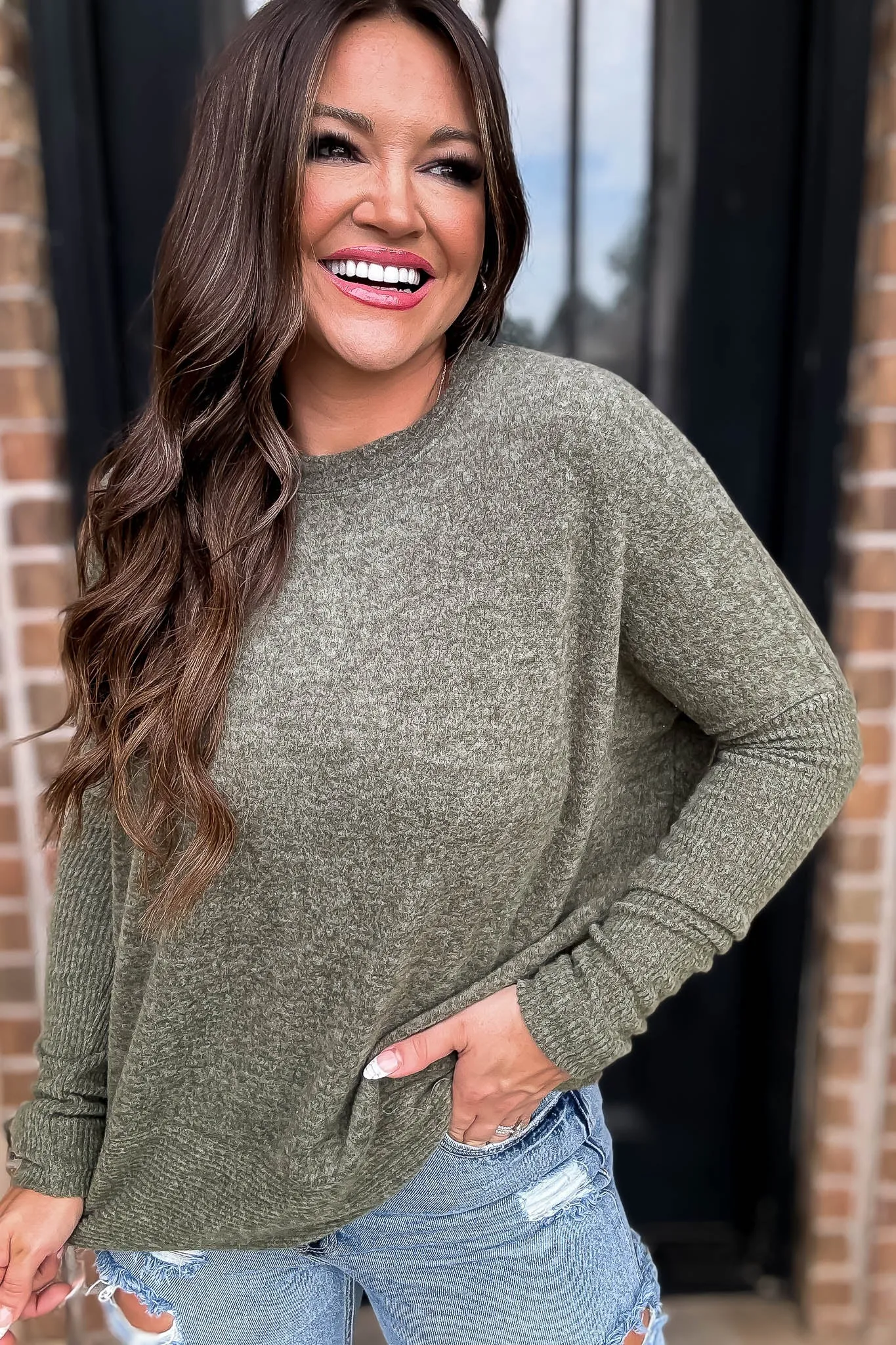 Campfire Brushed Dark Olive Melange Hacci Dolman Sleeve Sweater