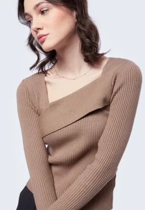 Long Sleeve Top with Asymmetric Neck Tan