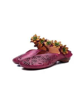 Spring Handmade Flowers Retro Leather Slippers